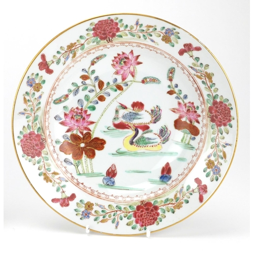 438 - Three Chinese porcelain shallow dishes, each hand painted in the famille rose palette with ducks in ... 