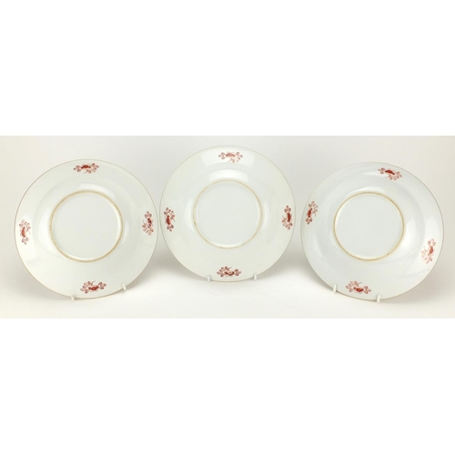 438 - Three Chinese porcelain shallow dishes, each hand painted in the famille rose palette with ducks in ... 