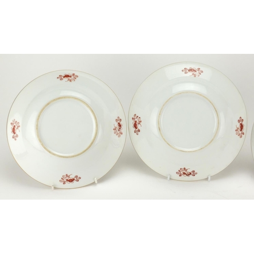 438 - Three Chinese porcelain shallow dishes, each hand painted in the famille rose palette with ducks in ... 