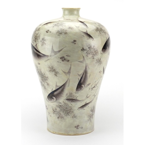 389 - Chinese porcelain meiping vase, finely hand painted with fish and shrimps amongst aquatic life, six ... 