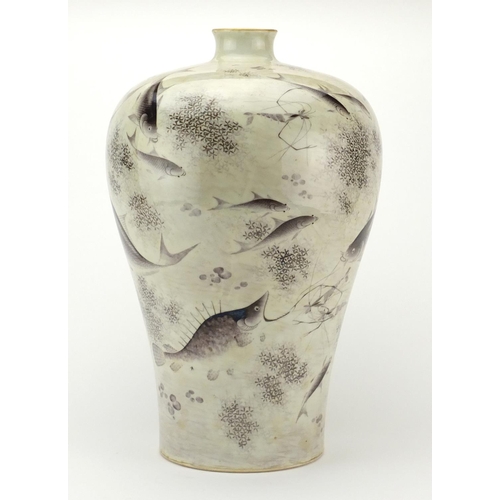 389 - Chinese porcelain meiping vase, finely hand painted with fish and shrimps amongst aquatic life, six ... 