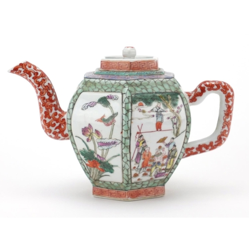 392 - Chinese porcelain hexagonal teapot, hand painted in the famille rose palette with panels of figures,... 