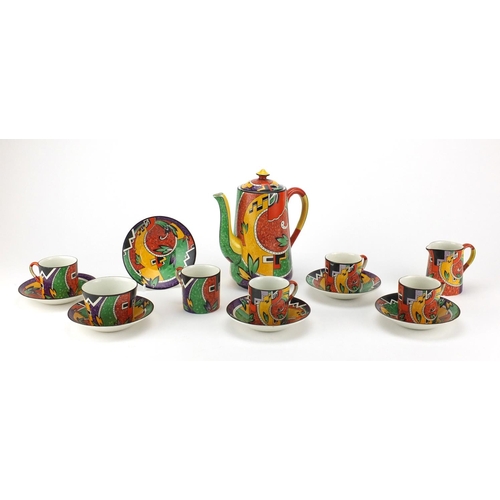 766 - Art Deco part coffee service by Royal Winton decorated in the Jazz pattern, the coffee pot 19.5cm hi... 