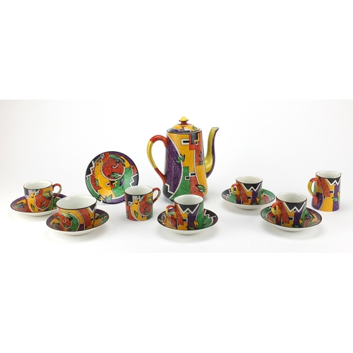 766 - Art Deco part coffee service by Royal Winton decorated in the Jazz pattern, the coffee pot 19.5cm hi... 