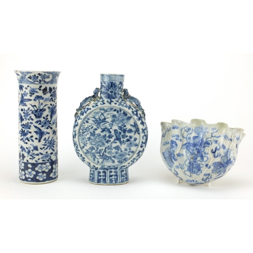 454 - Chinese blue and white porcelain including a moon flask with twin handles and a wall pocket hand pai... 
