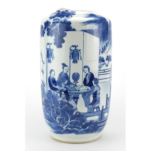 460 - Chinese blue and white porcelain vase, hand painted with figures in a palace setting, blue ring mark... 