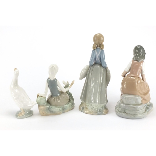 2575 - Lladro and Nao figures and animals including a young girl holding a goose, the largest 24.5cm high