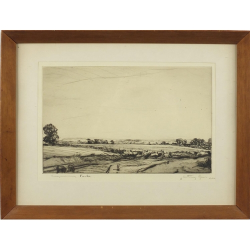 1420 - Anthony Gross - Rural landscape, pencil signed etching, indistinctly titled, mounted and framed, 27c... 