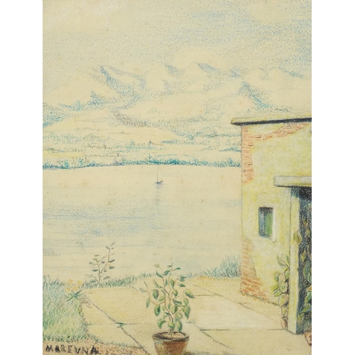 1252 - Marevna - Lake view, crayon, mounted and framed, 24cm x 18.5cm