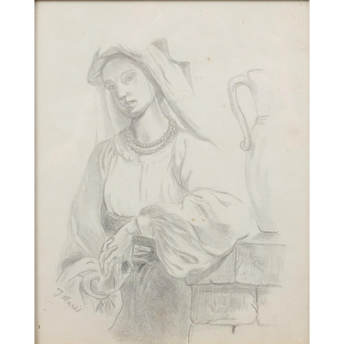 1201 - Jacob Henricus Maris - Portrait of a girl, pencil drawing, mounted and framed, 20cm x 16cm (PROVENAN... 