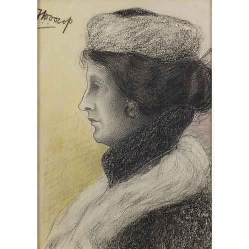 1220 - Jan Toorop - Profile of a lady, black chalk, framed, 19.5cm x 13.5cm (PROVENANCE: Ex private collect... 
