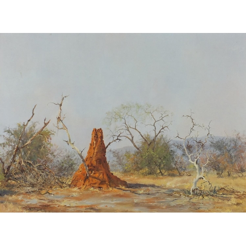 1373 - Michael Croeser - Anthill in the Bushveld, signed oil on canvas, inscribed label and Pieter Wenning ... 