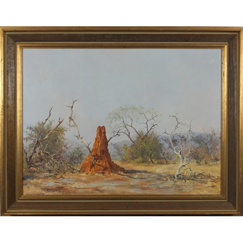 1373 - Michael Croeser - Anthill in the Bushveld, signed oil on canvas, inscribed label and Pieter Wenning ... 