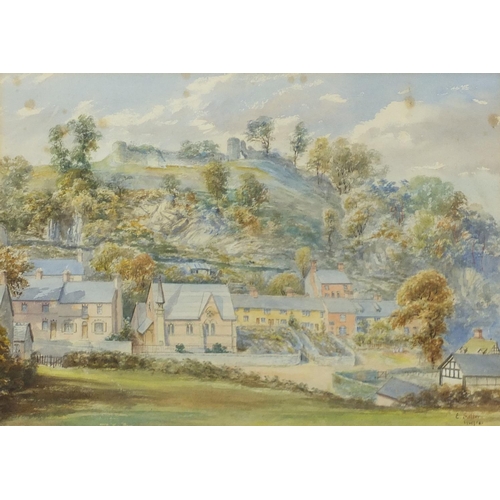 1379 - Emily K Salter - Village beneath castle ruins and a cottage with a blue roof, pair of watercolours, ... 