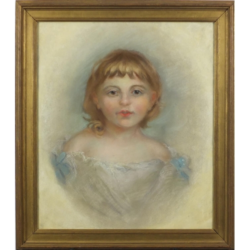 1259 - Head and shoulders portrait of a young girl, 19th century English school pastel, framed, 50.5cm x 43... 