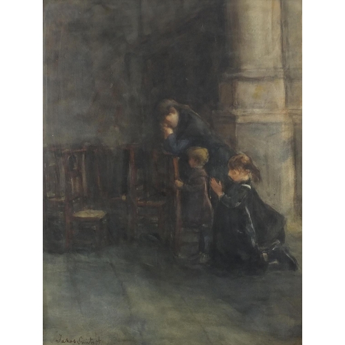 1171 - Attributed to Jakob Smits - Three figures in a church interior, 19th century watercolour, label vers... 