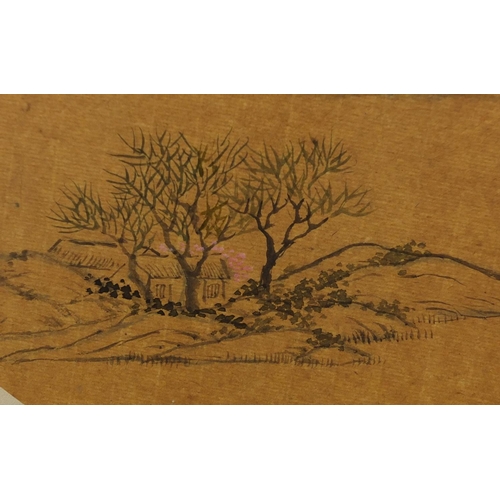 596 - Chinese fan shaped watercolour depicting a landscape with calligraphy, unframed, 59cm x 36cm