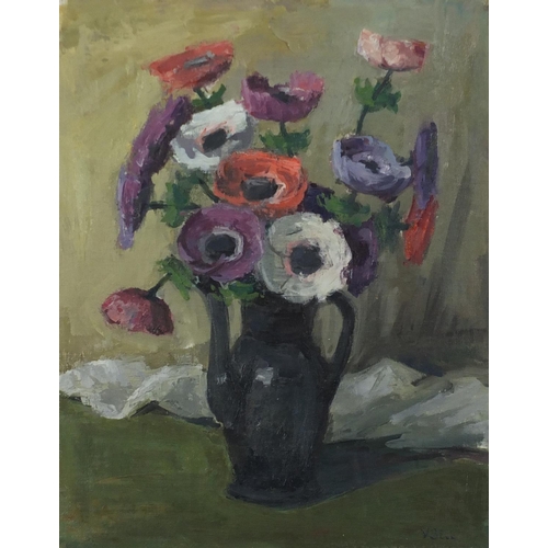 1179 - Manner of Vanessa Bell - Still life flowers in a coffee pot, oil, mounted and framed, 48cm x 37cm