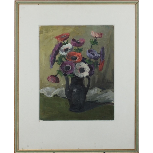 1179 - Manner of Vanessa Bell - Still life flowers in a coffee pot, oil, mounted and framed, 48cm x 37cm