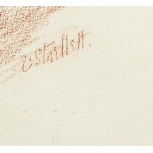 1243 - Ephrail Strellett - Standing nude female, Sanguine chalk drawing on paper, framed, 37cm x 27cm