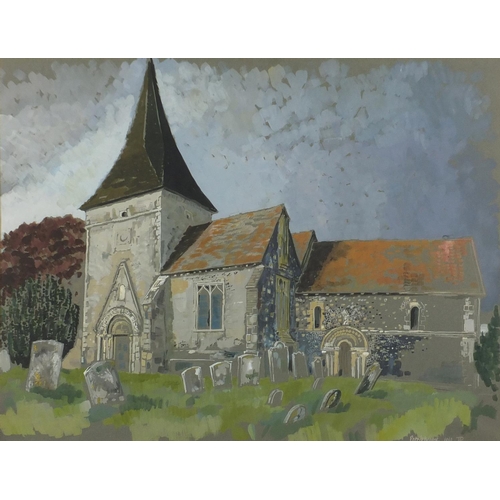 1374 - Manner of John Piper - Patrixbourne church, watercolour, inscribed verso, mounted and framed, 62cm x... 