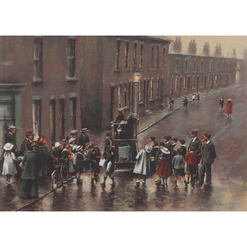 1187 - Marc Grimshaw - Edwardian street scene, pastel, mounted and framed, 53cm x 37.5cm