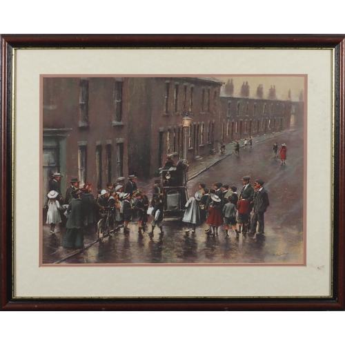 1187 - Marc Grimshaw - Edwardian street scene, pastel, mounted and framed, 53cm x 37.5cm