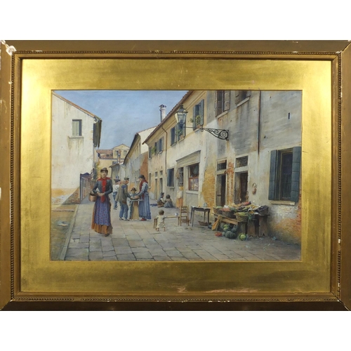 1281 - Continental street scene, 19th century watercolour, bearing a monogram ED, mounted and framed, 47cm ... 