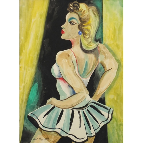1237 - Female dancer, watercolour, bearing a signature And Planson, mounted and framed, 43cm x 31cm