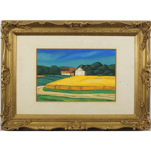 1244 - Farm buildings, watercolour and gouache, bearing a signature probably A Schonyder, mounted and frame... 
