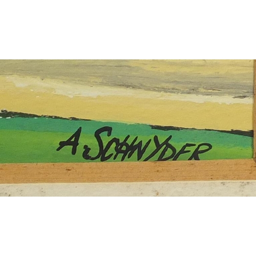 1244 - Farm buildings, watercolour and gouache, bearing a signature probably A Schonyder, mounted and frame... 