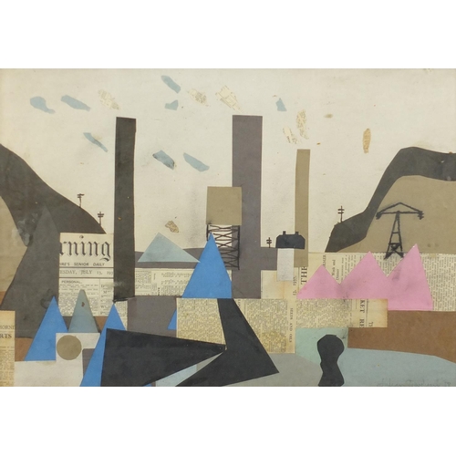 1283 - Industrial landscape, mixed media and collage, bearing a signature Julian Trevelyan, label verso, mo... 