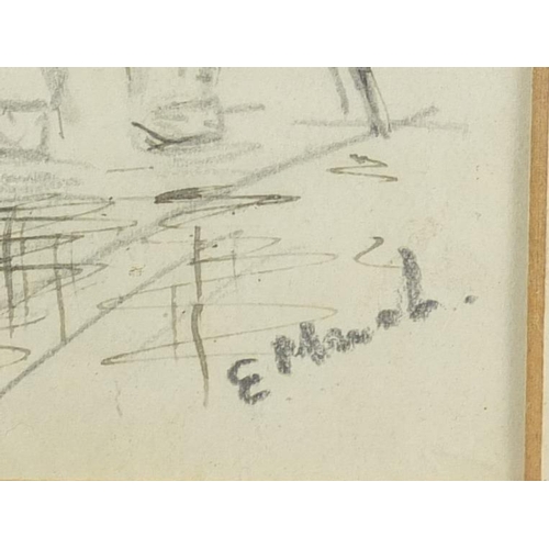 1227 - Manner of Edvard Munch - Gentleman in the rain, early 20th century pencil on paper, label verso, mou... 