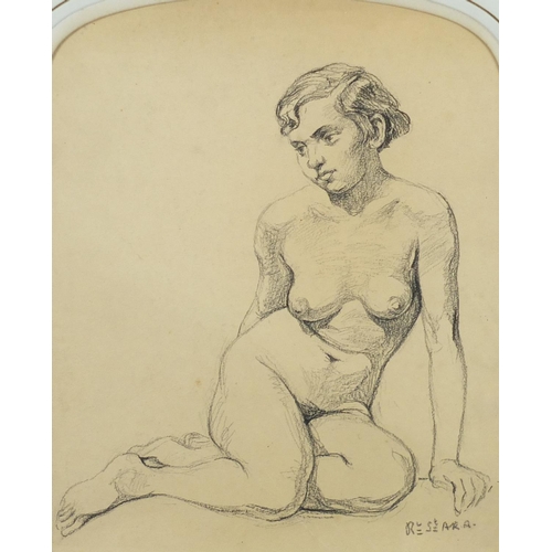 1257 - Seated nude young female, pencil and charcoal, bearing an indistinct signature R...st Ara?, mounted ... 