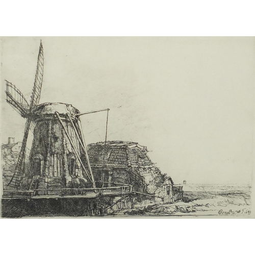 1424 - Rembrandt - Windmill and outbuildings, black and white etching, indistinctly inscribed in pencil, ha... 