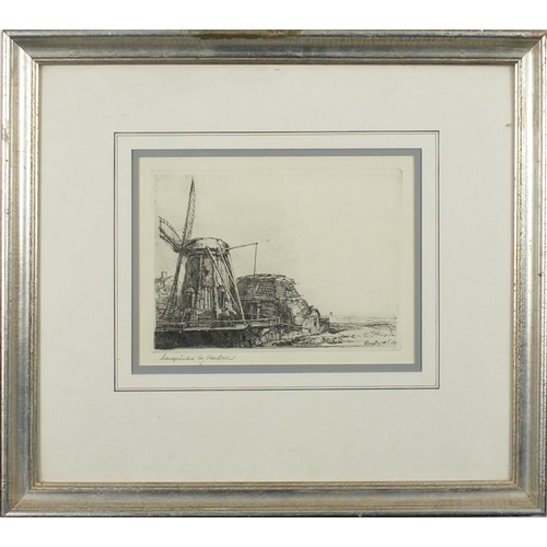 1424 - Rembrandt - Windmill and outbuildings, black and white etching, indistinctly inscribed in pencil, ha... 