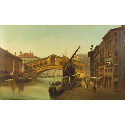 1176 - Charles Marchand 1880 - Rialto Bridge with figures and gondolas, Venice, 19th century oil on canvas,... 