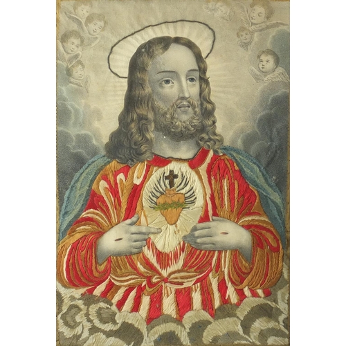 10 - Near pair of 19th century silk embroidered panels of Christ and Madonna, together with an antique br... 