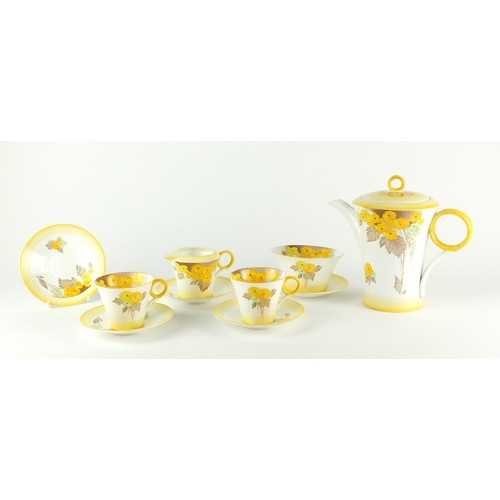 767 - Art Deco Shelley Phlox pattern teaware including a coffee pot, milk jug, sugar bowl and cups with sa... 