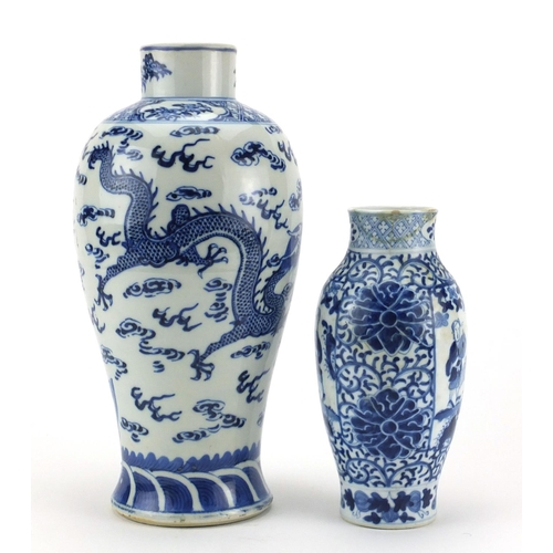 463 - Two Chinese blue and white porcelain vases including a baluster example, hand painted with dragons c... 