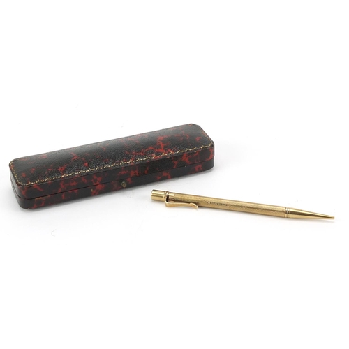 79 - 9ct gold Mordan Everpoint propelling pencil with engine turned body and fitted case, the pencil 11.5... 