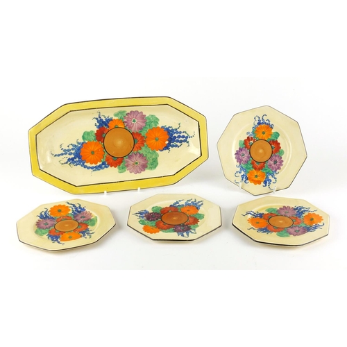 756 - Clarice Cliff Bizarre four place sandwich set, hand painted in the Gayday pattern, the sandwich plat... 