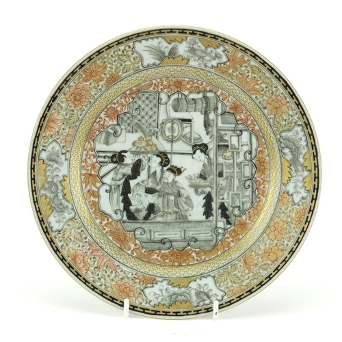 439 - Good Chinese porcelain grisaille plate, finely hand painted and gilded with figures in a palace sett... 