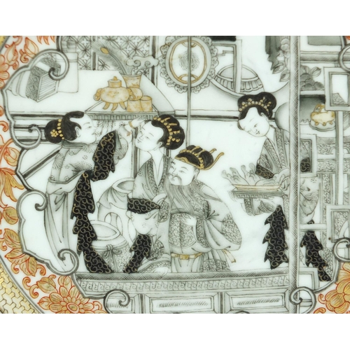 439 - Good Chinese porcelain grisaille plate, finely hand painted and gilded with figures in a palace sett... 