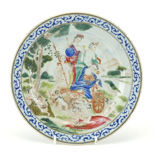 419 - Chinese porcelain plate, finely hand painted in the famille rose palette with European figures in a ... 