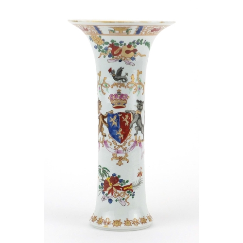 409 - Chinese porcelain trumpet vase, hand painted in the famille rose palette with an armorial crest and ... 