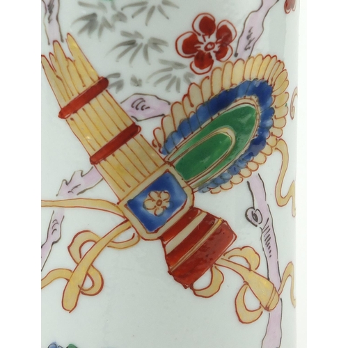 409 - Chinese porcelain trumpet vase, hand painted in the famille rose palette with an armorial crest and ... 