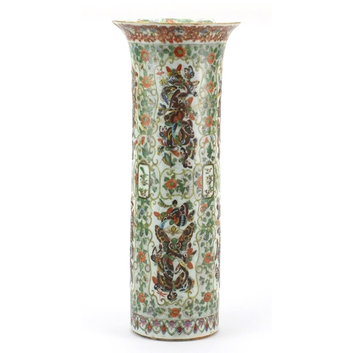 440 - Large Chinese porcelain sleeve vase with flared rim, hand painted in the famille verte palette with ... 