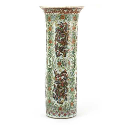 440 - Large Chinese porcelain sleeve vase with flared rim, hand painted in the famille verte palette with ... 