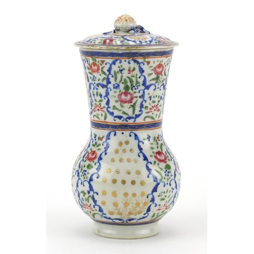 437 - Chinese Islamic porcelain strainer, hand painted in the famille rose palette with flowers, 19cm high